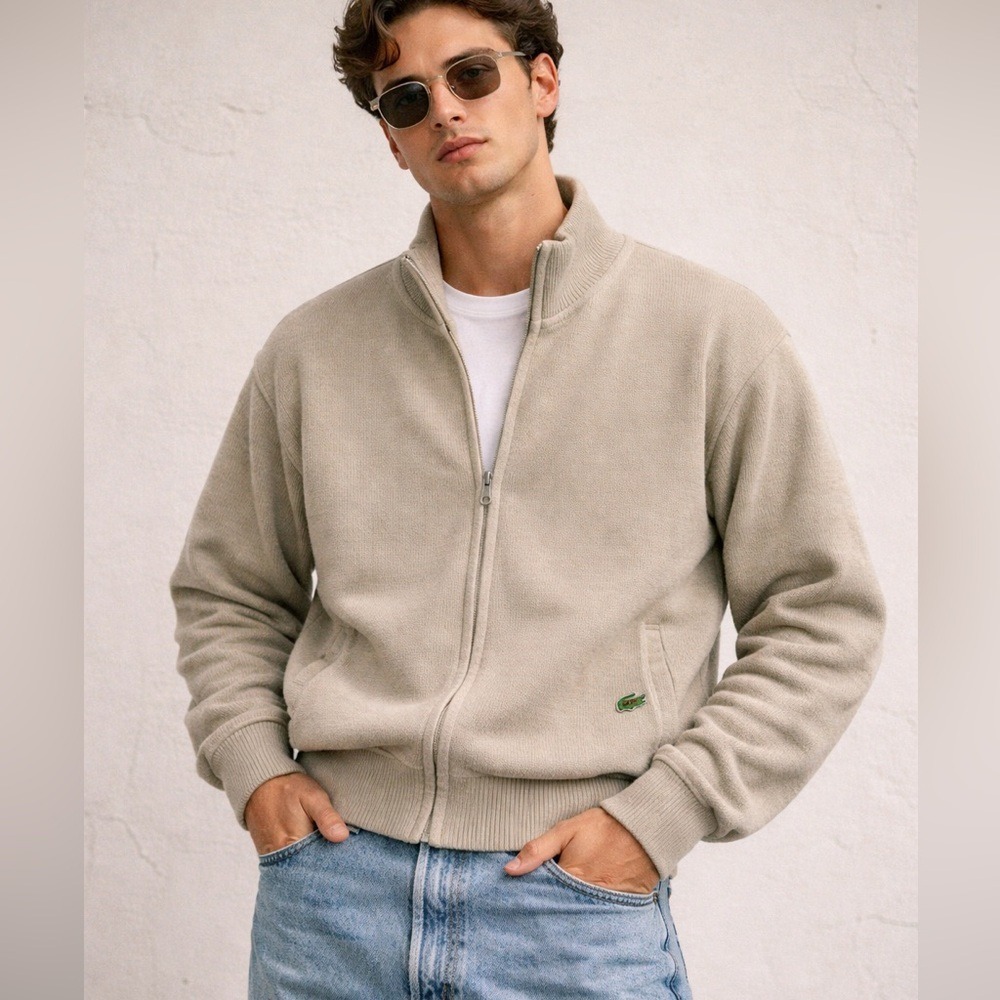Lacoste (Vtg.) Mens Bomber Jacket, Full Zip, Beige, reversible - Picture 3 of 8